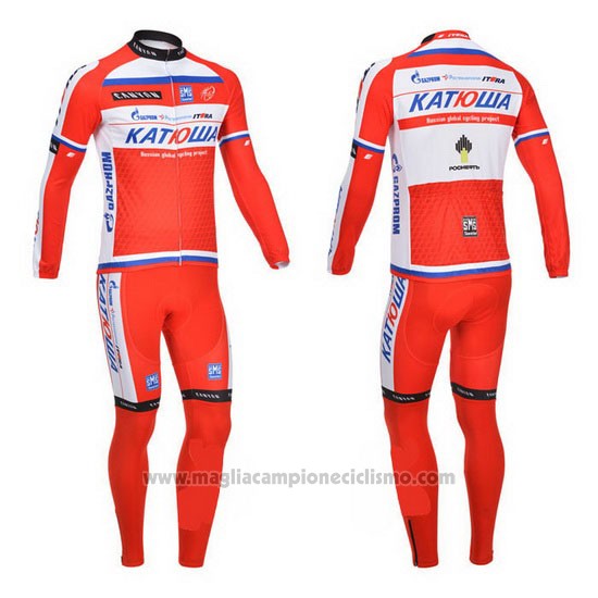 2013 Abbigliamento Ciclismo Katusha Bianco e Rosso Manica Lunga e Salopette